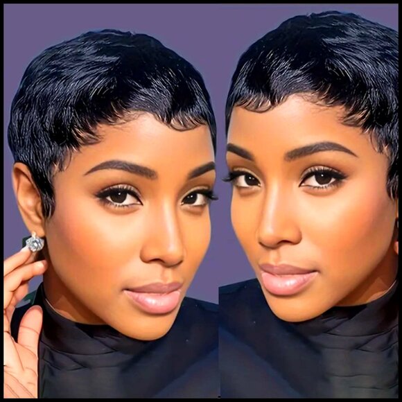Short Human Hair Pixie Cut Wig Glueless Curly With Bangs Adjustable Cap main image 3